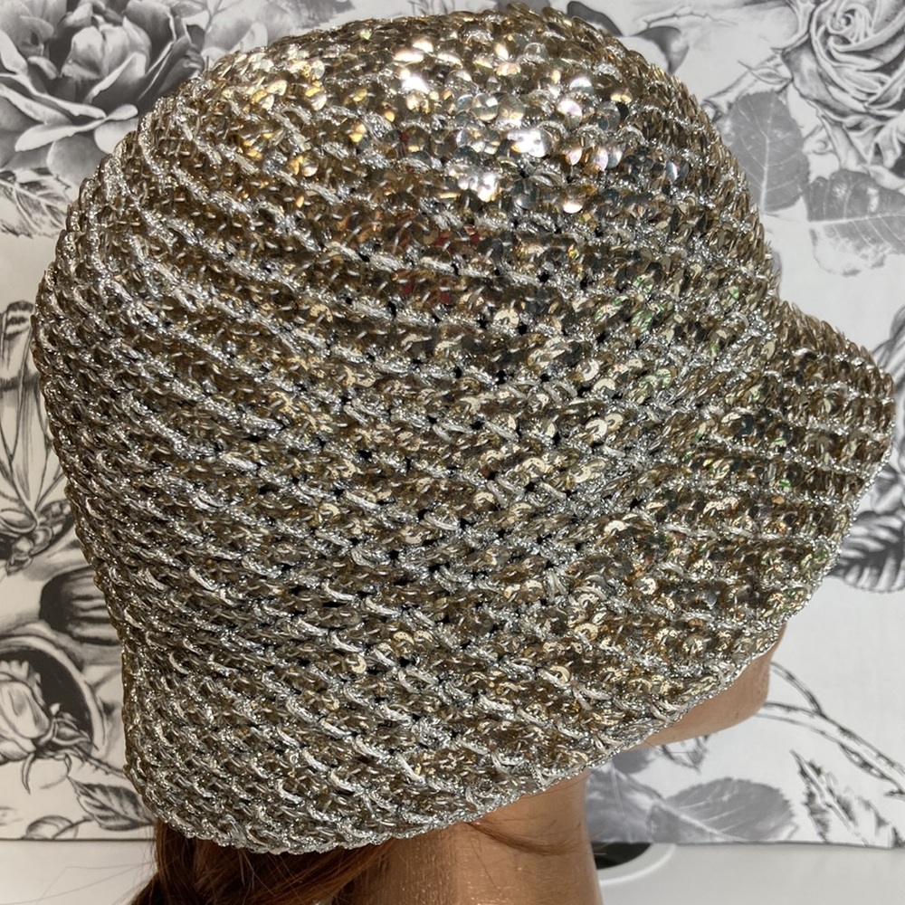 Adolfo II Vintage 60s Mixed Metals Sequin & Metallic Thread Crochet Bucket Hat - Picture 6 of 11